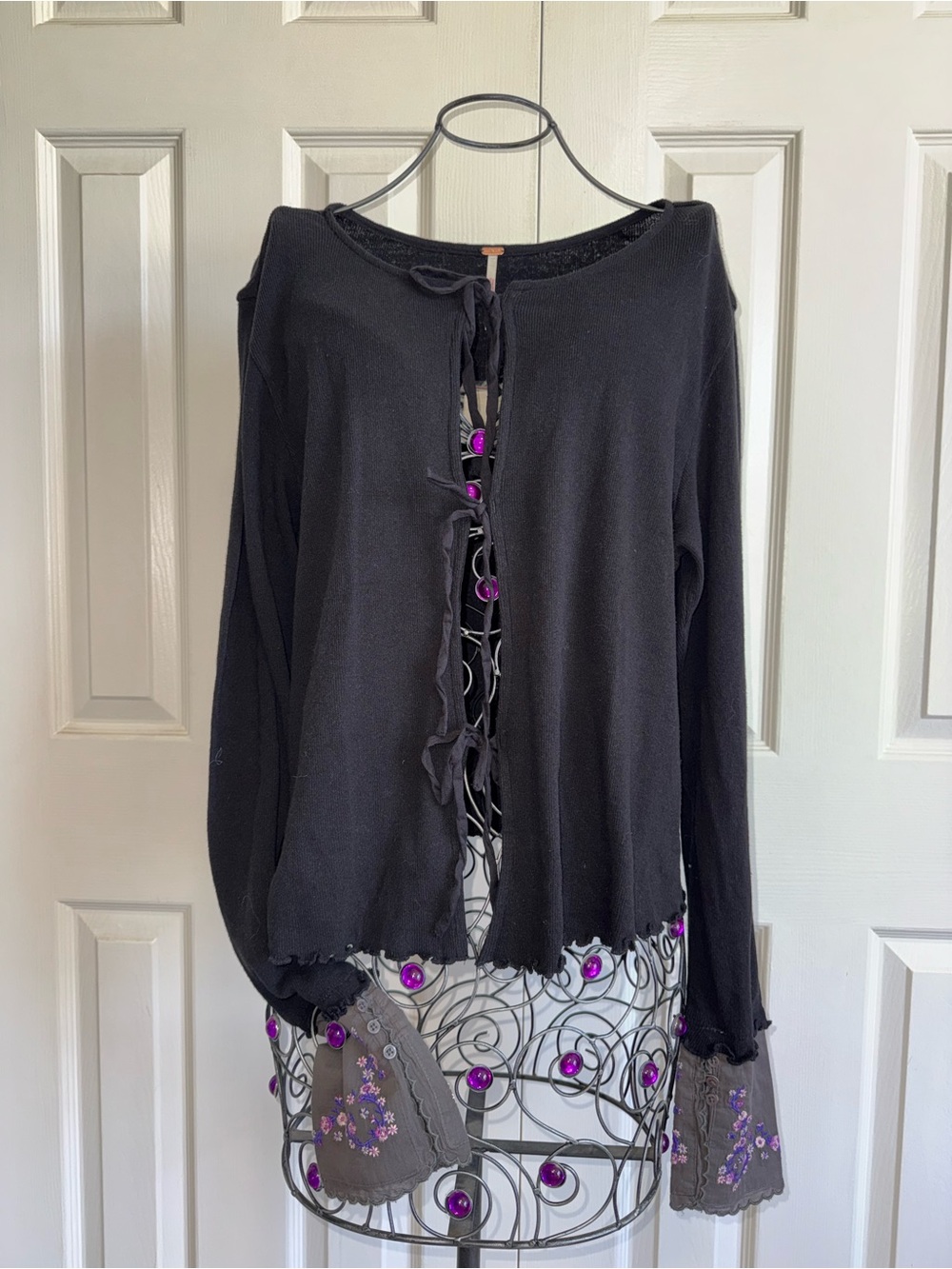 NWT-Free People Black  lace up thermal Top  XL embroidered bell sleeve boHo